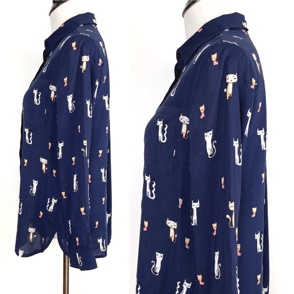 Whimsical Cat Print Navy Button Down Rayon/Viscose Shirt Blouse Sz M - Picture 6 of 16